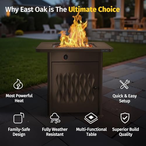 EAST OAK 28" Outdoor Propane Fire Pit Table | 52,000 BTU Gas Fire Pit Table for Outside with Magnetic Lid | Storage Basket & Lava Rocks | CSA Certified for Patio, Garden & Backyard | Black