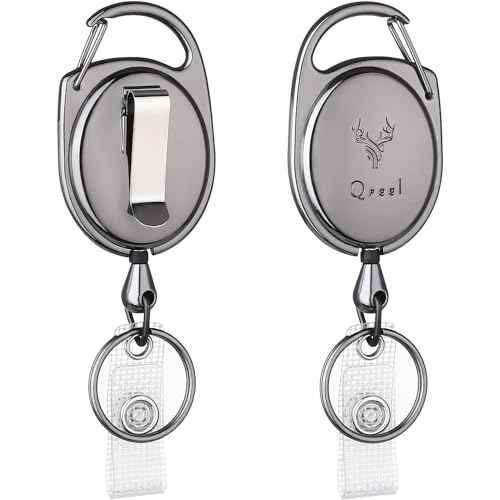 QREEL Heavy Duty Badge Reel, Metal Retractable Keychain, Steel Cord Retractable Badge Holder with Carabiner, Belt Clip and Key Ring (Gun Grey, All Metal Case, 2 Pack)