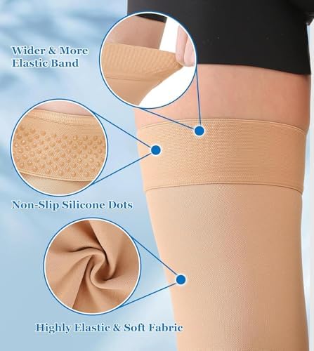 MGANG Medical Thigh High Compression Stockings for Men & Women, Pair, Open Toe, 20-30 mmHg Graduated Compression Support Hose, Opaque, Best for Varicose Veins, Edema, Flight, DVT, Swelling, Beige L
