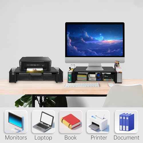 Computer Monitor Stand Riser with Drawer and Pen Holders, Desk Organizer Shelf and Accessories, Office Desk Accessories, Office Organization, Black