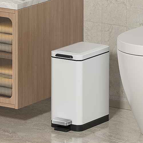 Mbillion Bathroom Trash Can with Lid Slim Stainless Steel Small Bathroom Garbage Can 10 Liter, 2.6 Gallon Soft Close, Step Pedal, Slim Wastebasket for Toilet, Office, Bedroom, White
