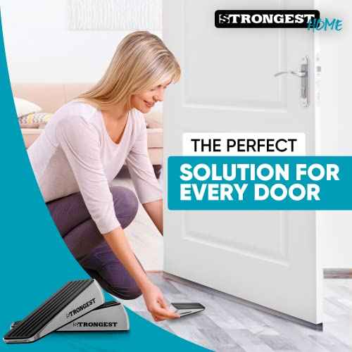 Strongest Home Heavy Duty Door Stopper Wedge (6 Chrome PCs) | Non-Slip Rubber and Metal Door Stop for Heavy Doors| Work on Wood, Tile, Carpet + 6 White Wall Protectors