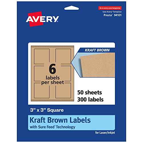 Avery Kraft Brown Square Labels, Sure Feed Technology, 3" x 3", 300 Kraft Brown Labels, Print-to-The-Edge, Laser/Inkjet Printable
