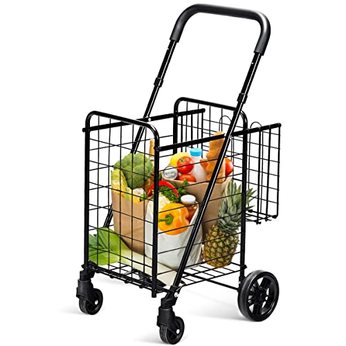Folding Shopping Cart, Double Basket Supermarket Cart with Adjustable Wide Cushion Handle Bar and Swivel Wheels, Suitable for Grocery Book Luggage Travel Laundry, Large Utility Carts (Black)