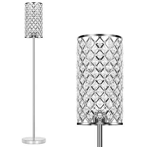 Crystal Floor Lamp, Modern Standing Lamp with Elegant Shade, LED Floor Lamp with On/Off Foot Switch Silver Finish Tall Pole Lamp Accent Lights for Living Room, Girl Bedroom, Dresser, Office (E26 Base)