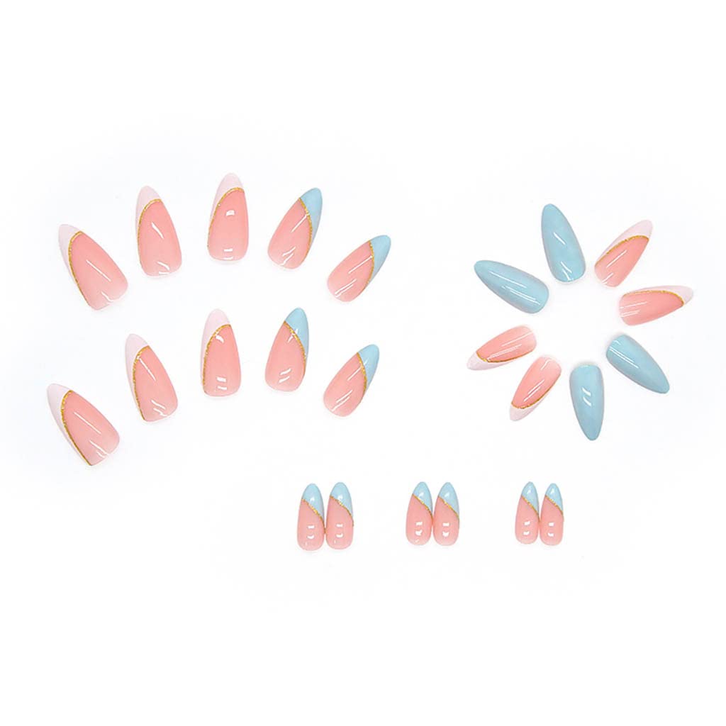 RikView French Tip White Press on Nails Medium Fake Nails Blue Almond Acrylic Nails 24 PCs/Set