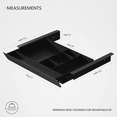 Under Desk Mounted Sliding Pull-out Drawer with Pencil Tray and Slide Storage Tray, 17'' long & 13.5'' deep Large Storage Organizer for Sit Stand Workstation
