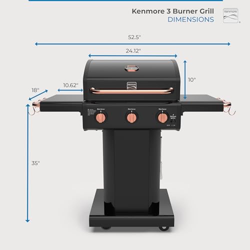 Kenmore 3-Burner Gas Grill | Foldable Side Tables, Cast Iron Cooking Grates, Warming Rack, Hooks for BBQ Grilling Tools, Propane Gas Barbecue Grill, 30,000 BTUs, Black with Copper Accent