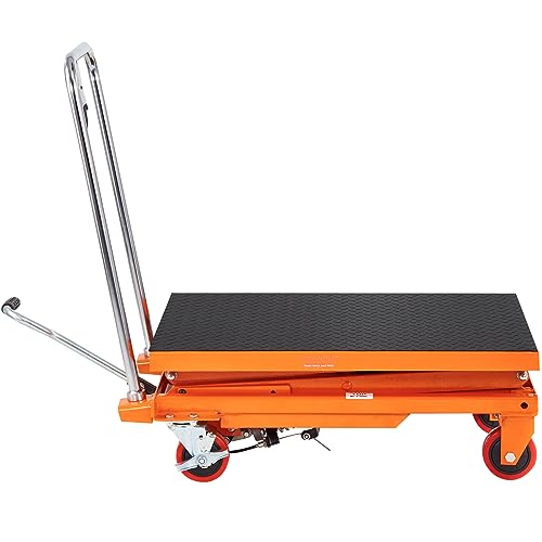 VEVOR Hydraulic Lift Table Cart, 330lbs Load Capacity 50 Inch Lifting Height, Manual Single Scissor Lift Table with Non-Slip Pad and 4 Wheels, Alloy Steel, Orange