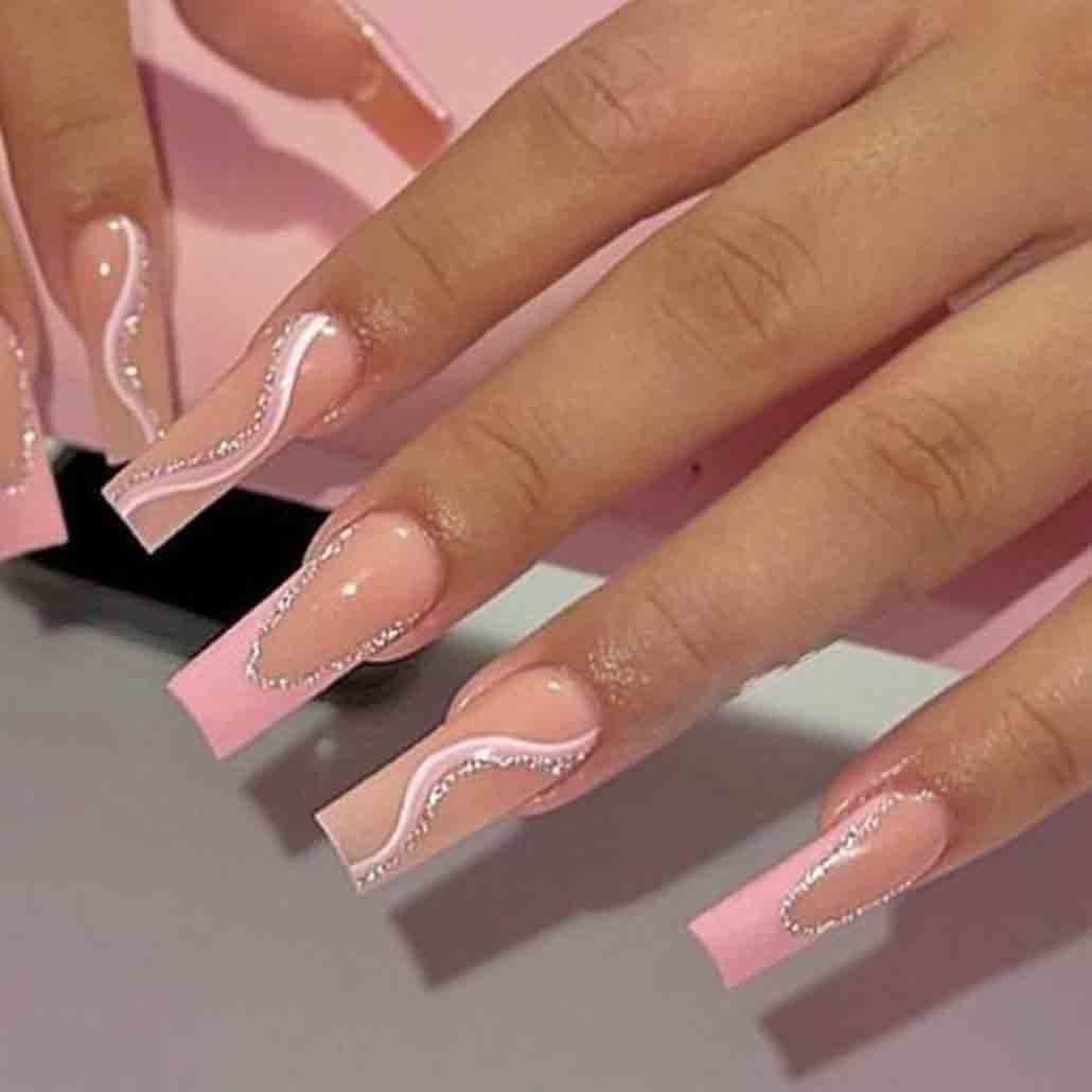 Foccna Pink Press on Nails Long Swirls French Fake Nails Square Bling Glossy False Nail Tips Artificial Nails Finger Manicure for Women and Girls-24pcs