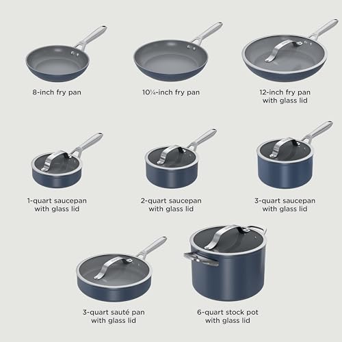 Ninja Ceramic Pro 14-Piece Cookware Set, Non-Stick Pots & Pans Set with Glass Lids, Nontoxic, PTFE Free, Ceramic Coated, Oven Safe, All Stovetops & Induction Compatible, Midnight Blue, CW39014MM