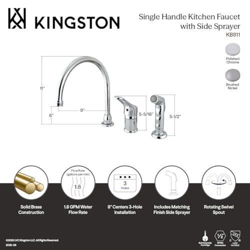 Kingston Brass KB818 Single-Handle Widespread Kitchen Faucet, Brushed Nickel