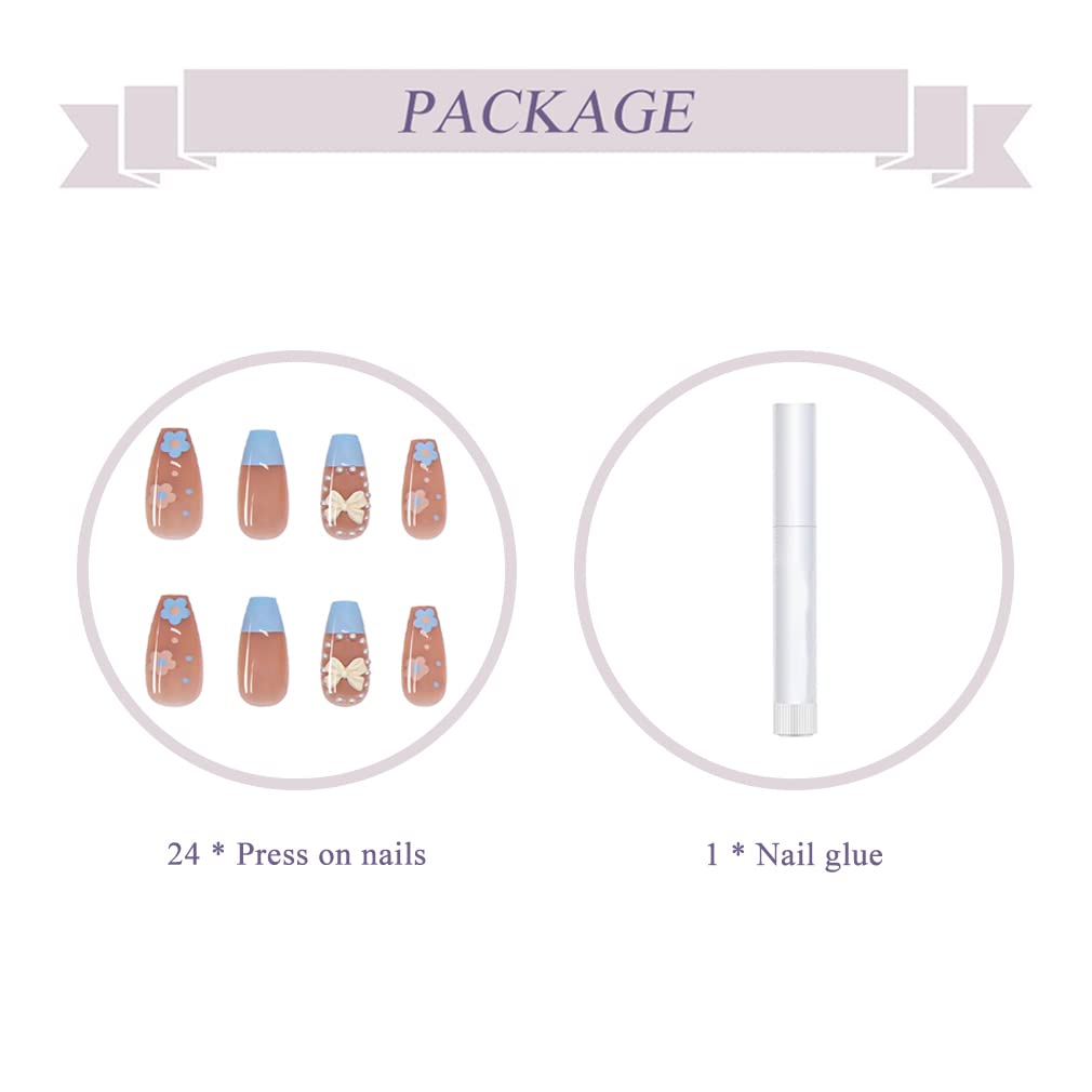 BABALAL Coffin Press on Nails Long Acrylic Nails Blue Pink Fake Nails Glossy Glue on 3D Heart Charm Cute Design for Women and Girls