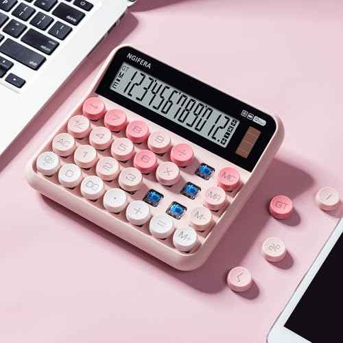 Mechanical Calculator,12 Digits, Large LCD Display,Big Buttons,Solar and Battery Dual Power Mechanical Keyboard Desktop Pink Calculators,Cute and Aesthetic (Pink, Large)