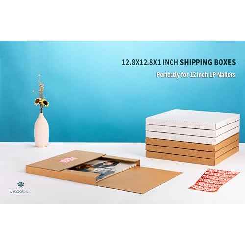12" Vinyl Record Mailers, 12.8"L x 12.8"W x 1"D LP Albums Corrugated Shipping Boxes with Fragile Stickers, Multi-Depth Easy-Fold, Brown, 25 Pack