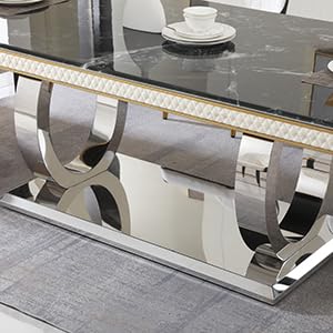 Legendstone 79" Marble Dining Table Set for 6, Modern Kitchen Table with Double-Circle Shaped Stainless Steel Base, Luxury Black Dining Set with 6 Black-White Dining Chairs for Home, Kitchen