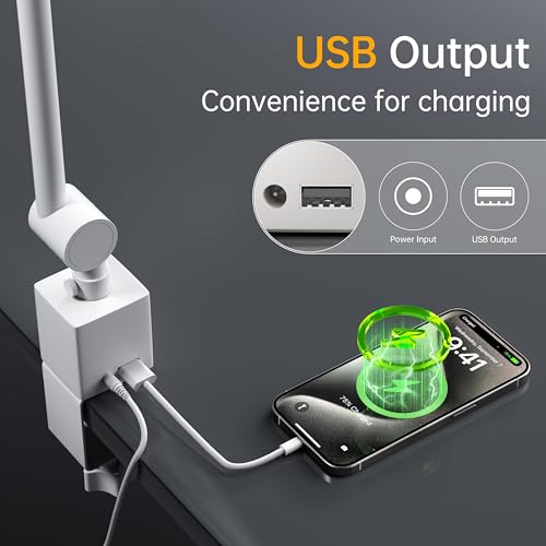 deeloop 2-Arms Swing Long LED Desk Lamp with Clamp, CRI 95+ Eye-Caring Light, USB Charging Output, 2-Hour Timer, Dimmable Desk Light with Memory, Architect Desk Lamps for Home Office Reading &Monitor