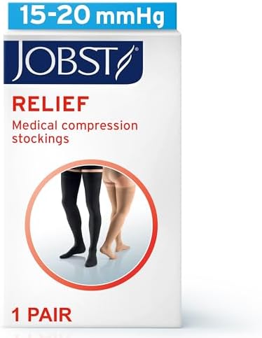 JOBST Relief Thigh High Graduated Compression Stockings 15-20mmHg - Comfortable Unisex Design with Silicone Dot Band - Closed Toe, Black, Large Petite