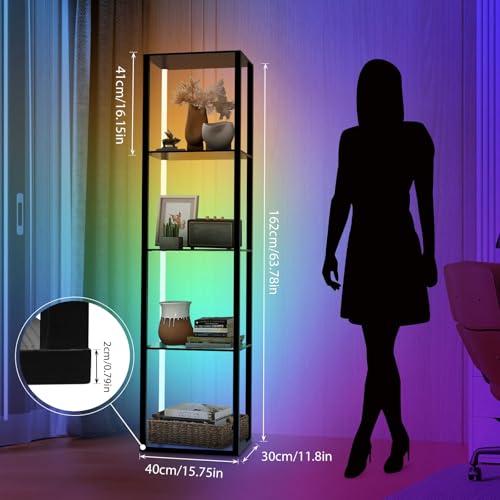 5 Tiers RGB Corner Shelf with LED Light, 63.78" Tall Display Shelf for Collectibles, LED Corner Floor Lamp with APP and Remote Control for Living Room Bedroom