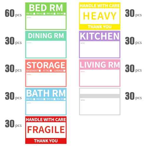 300 Count 2¡± x 3¡¯¡¯ Removable Home Moving Box Packing Labels for 1/2/3/4 Bedroom Rooms, 9 Designs Waterproof Color-Coded Moving Stickers Including Fragile ¡¢Heavy and Blank Labels