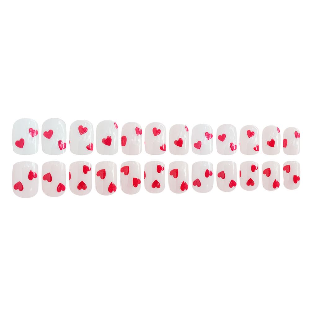 CEWEWP 24Pcs Valentines Press on Nails Short Square Red Heart Fake Nails with Design Valentines Day Glue on Nail Acrylic Nails White False Nails Full Cover Stick on Nail for Women Girls