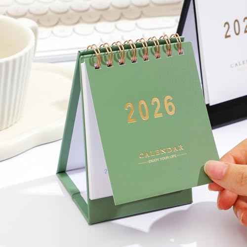 Mini Desk Calendar 2025-2026 - Runs From Now until Dec 2026 Monthy Small Desktop Calendar 250 GSM Thick Paper Twin-Wire Binding for Home or Office (Green)