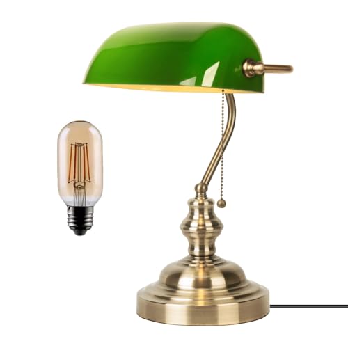 Bankers Lamp Green, Vintage Library Lamp with Pull Chain, Traditional Green Glass Desk Lamp for Home Office, Study Room, Library, LED Bulb Included