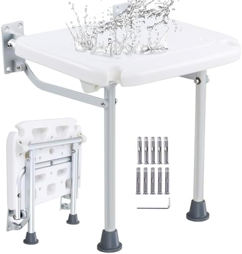VEVOR Folding PE Shower Seat, 15.7'' x 14.8'' Unfolded, Wall Mounted Fold Up Shower Bench with 500 lbs Load Capacity, Space Saving Fold Down Shower Chair for Seniors Pregnant Women Children Adults
