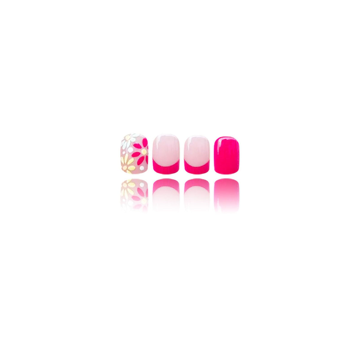 Floral Medium Square Press on Nails Nude Base Neon Pink Floral Accents French Tip Details Glossy Finish Reusable Spring Nails Easy Apply Fashion Party Wear Durable Trendy Women Girls Nail Art 24 Pcs
