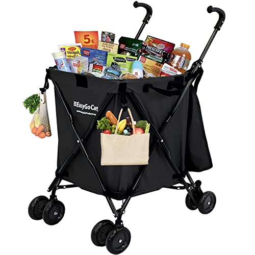 EasyGo Grocery Shopping Cart Laundry Basket Rolling Utility Cart with Wheels ? Removable Canvas Bag, Versa Wheels & Rear Brakes - Easy Folding 120lb Capacity ? Copyrighted, Black