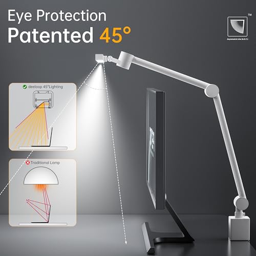 deeloop 2-Arms Swing Long LED Desk Lamp with Clamp, CRI 95+ Eye-Caring Light, USB Charging Output, 2-Hour Timer, Dimmable Desk Light with Memory, Architect Desk Lamps for Home Office Reading &Monitor