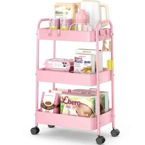 TOOLF Metal Utility CartÂ£Â¬3 Tier Rolling Cart wth 4 Hooks Storage Cart on Wheels Craft Cart with Handle for Organizer Storage for Classroom Office Dorm Home Pink