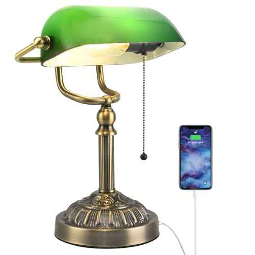 Green Glass Bankers Desk Lamp, Vintage Desks Lamp with USB Charging Port, Traditional Banker's Lamp, Mid Century Desk Lamp Pull Chain for Home Office Library