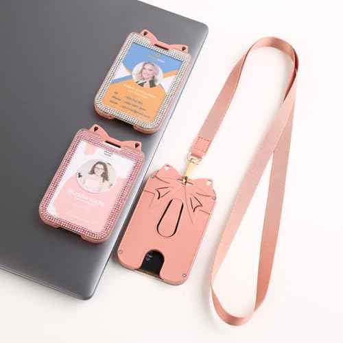 2 Pack Lanyards for ID Badge Holder Bling Sparkly Cute ID Card Holder with Lanyards for Women (Pink and White)