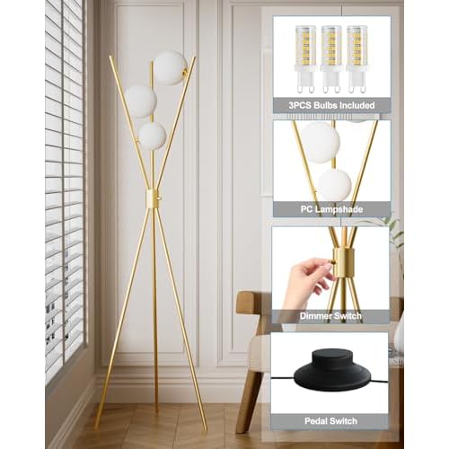 Lightdot Globe Dimmable Floor Lamp Gold Tripod Standing Lamps with 3PCS 3000K G9 Bulbs Stable Based Mid Century Modern Floor Lamp for Living Room/Bedroom