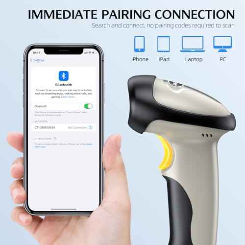 TEEMI Bluetooth Barcode Scanner with Optional Stand, 1d Laser Handheld Automatic Bar Code Reader for iPhone iPad Android Tablet PC, Mac OS X, Android, Windows 10 and iOS 14 (Stand Included)