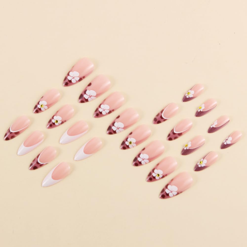 MINGCHUN Pink Press on Nails Medium Almond French Tip Fake Nails Press ons Acrylic Nail Art Kit Full Cover False Nails Glue on Nails with Leopard Flower Glossy Design for Women Nail Supplies 24Pcs