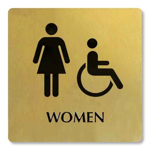 SmartSign 9 x 9 inch Womens Restroom Sign with Women/Handicap Accessible Wheelchair Pictograms, 40 mil Brass Metal, Engraved, Door/Wall Mount Bathroom Sign, Gold and Black