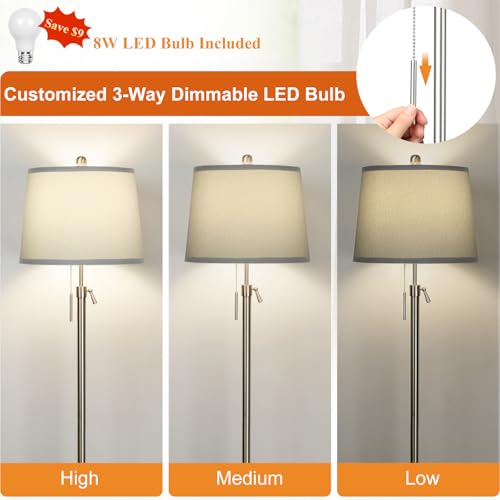 Floor Lamp for Living Room,Adjustable Height Standing Lamp,Dimmable Modern Floor Lamps for Bedroom Office Tall Floor Lights with Pull Chain Bulb Included-Silver Gray Shade
