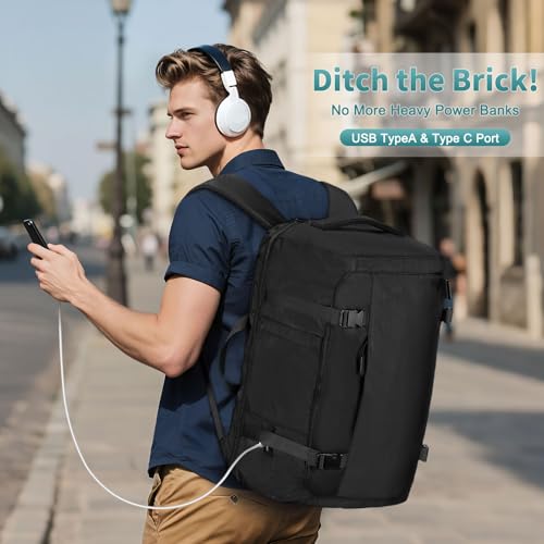 40L Travel Backpack, TSA Friendly Flight Approved Carry on Backpack for Men Women, Fits 17.3 Inch Laptop with USB-A&C Ports, Weekender Bag, Black