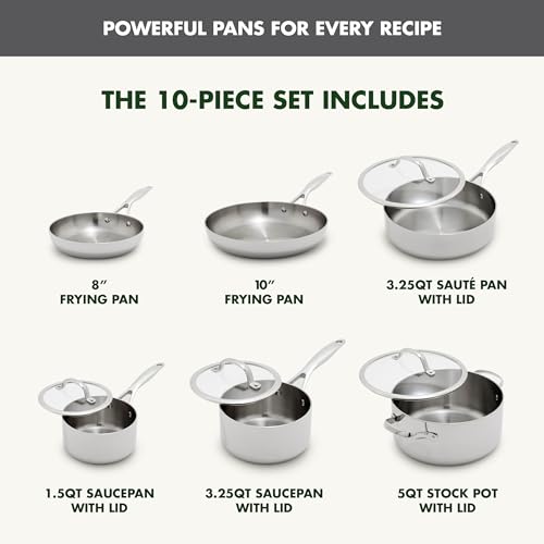 GreenPan Valencia Pro Tri-Ply Stainless Steel 10 Piece Cookware Set, Induction Ready Pots & Pans, Mirror Finish, Dishwasher & Oven/Broiler Safe to 600F, Compatible with All Cooktops