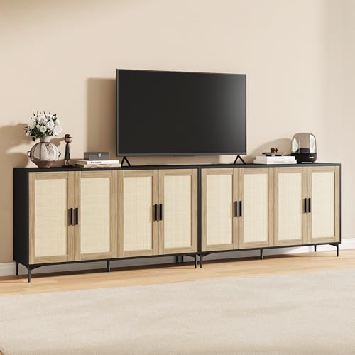 JASIWAY Buffet Cabinet with Storage, 48" Rattan Sideboard with Adjustable Shelves, Modern Coffee Bar Cabinet Console Table with Doors, Credenza for Kitchen, Living Room, Entryway, Dining Room, Black