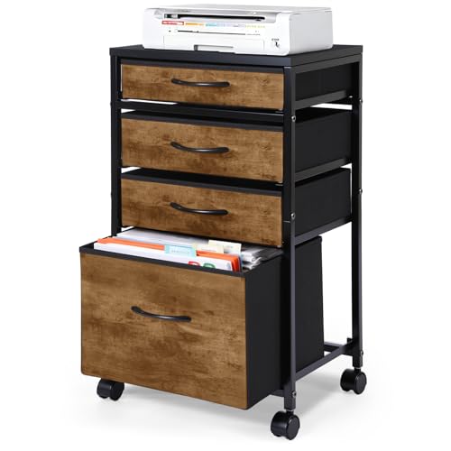 Chunful 4 Drawer Rolling File Cabinet Mobile Printer Stand Metal Cart with Fabric Vertical Filing Chest Wheels A4 Letter Size Under Desk Utility Craft Storage Organizer for Home Office(Brown)