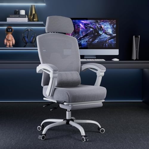 DUMOS Home Office Desk Chair with Footrest, High-Back Mesh Rolling Swivel Reclining Chairs with Wheels, Comfortable Headrest, Lumbar Support, Comfy Arms for Home, Office, Gaming, Student,Elegant Grey