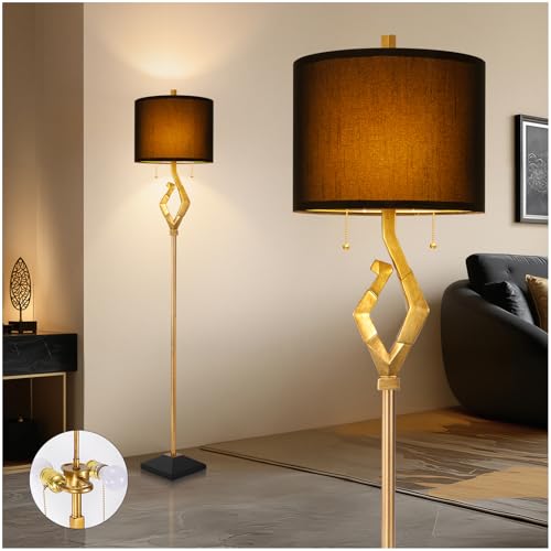 Scenekoy Sculptural 64.5¡± Floor Lamp for Living Room Bedroom, Gold Leaf Finish & Black Faux Silk Shade, Pull Chains Switch Standing Lamp, Brightness Adjustable Lamp with Bulb Prefer for Home Office