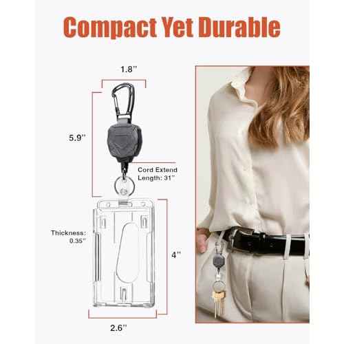 Badge Holder Retractable Clip Heavy Duty Carabiner Badge Reel Keychain with Lanyard ID Cards Holder(2 Pack)