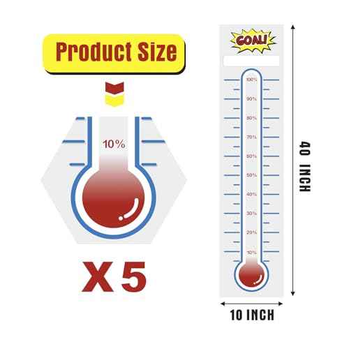 KIUKIUO 5 Pcs Fundraising Thermometer Charts 10 x 40 Dry Erase Goal Trackers Chart Thermometer Goal Setting Wall Poster Vinyl Sticker for Home School Office Fundraising (Grey)