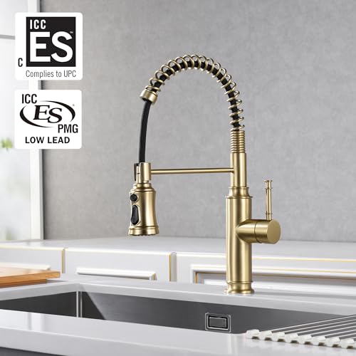 Sumerain Pull-Out Spring Sprayer Kitchen Sink Faucet with 360° Rotating Spout and Single Level Handle, Brushed Gold