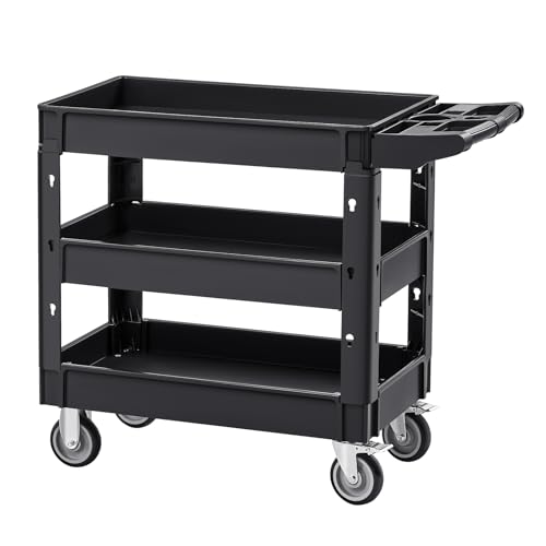 VEVOR Utility Cart, 3-Tier Plastic Service Cart with 550LBS Capacity, 360° Swivel Casters (Including 2 Locking Wheels), Medium Lipped Shelves, Ergonomic Handle, for Garage, Warehouse, Cleaning Tasks