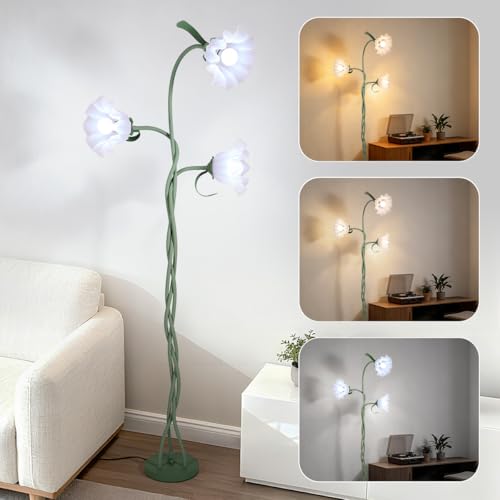 Vintage Flower Floor Lamp for Girls' Bedroom, Cute 3 Heads Floor Reading Light with Flexible Gooseneck, 3 Colors Modern Corner Standing Lamp with Lily for Living Room Office Home Decor, Bulbs Included